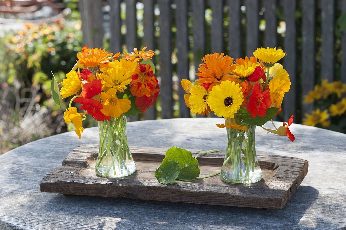 Small posy of Tropaeolum (nasturtium) and calendula