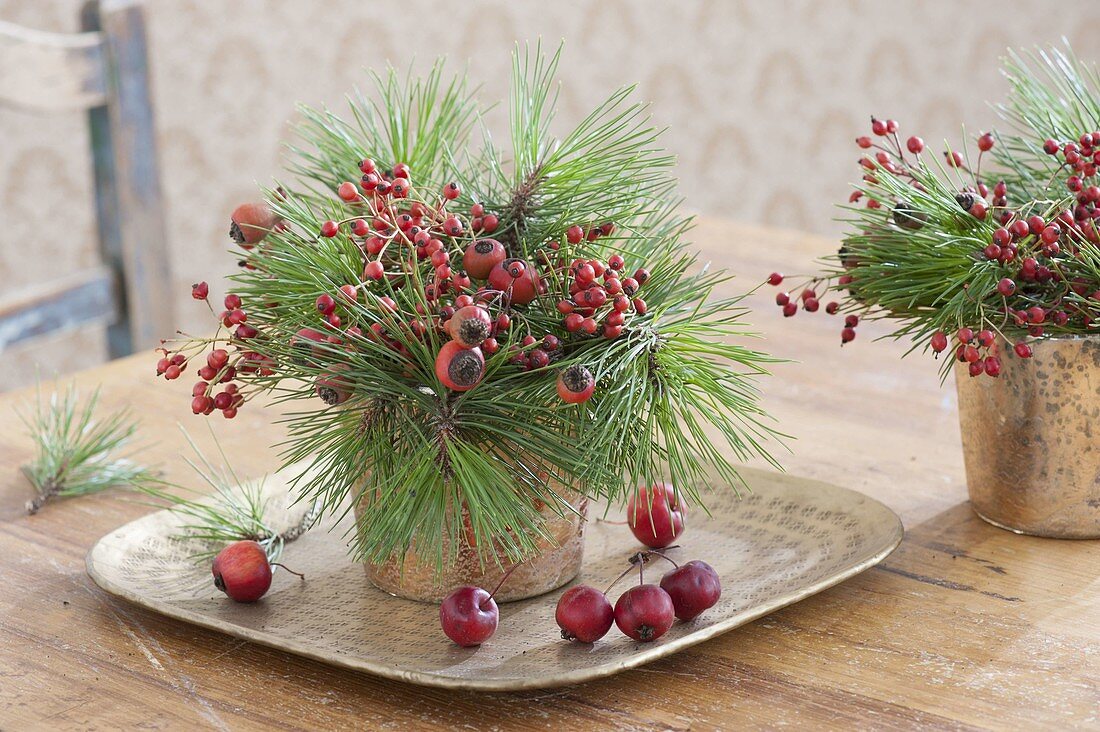 Small bouquets made of pinus (pine) and roses (rosehip)