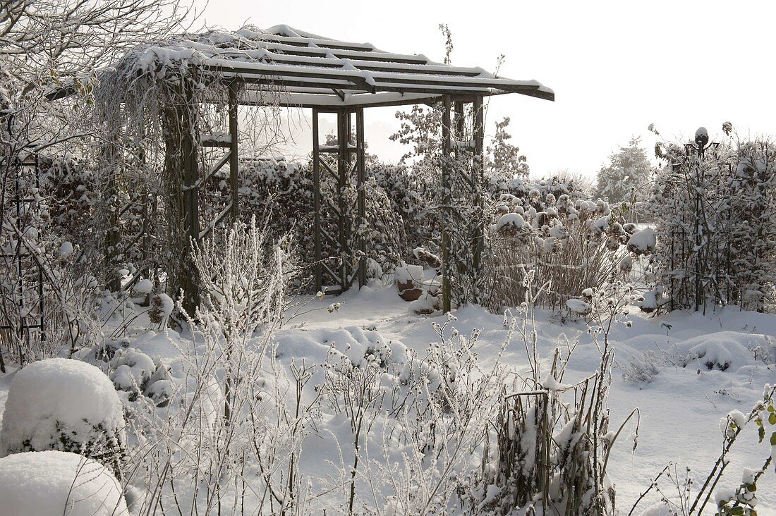 Pavilion in the snowy garden, flowerbeds with perennials