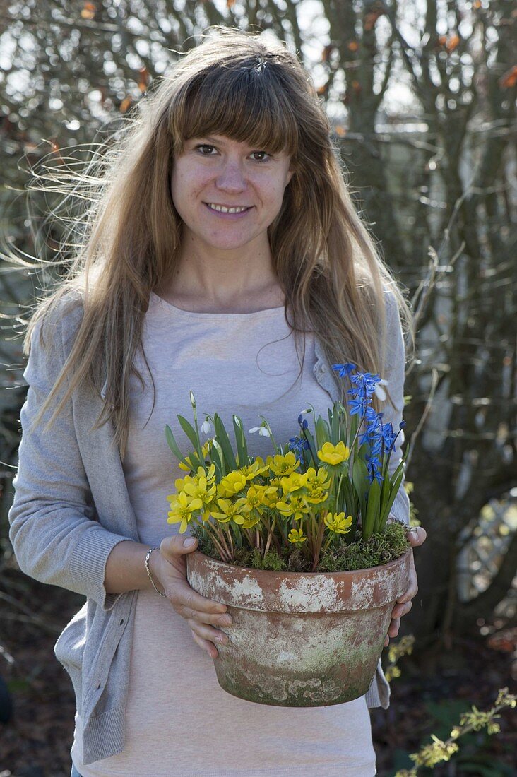 Woman brings clay pot with Scilla, Eranthis