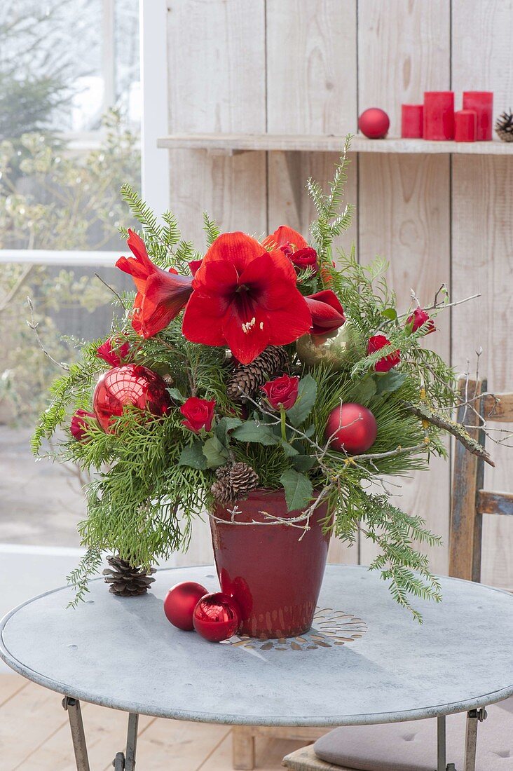 Roter Weihnachtsstrauss aus Hippeastrum (Amaryllis), Rosa (Rosen)
