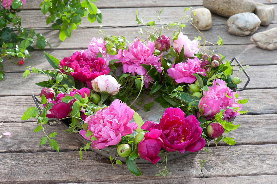 Wreath of paeonia (peony), clematis (clematis) and malus