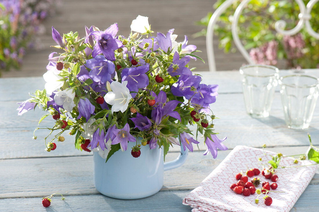 Campanula (bellflower) and fragaria bouquet