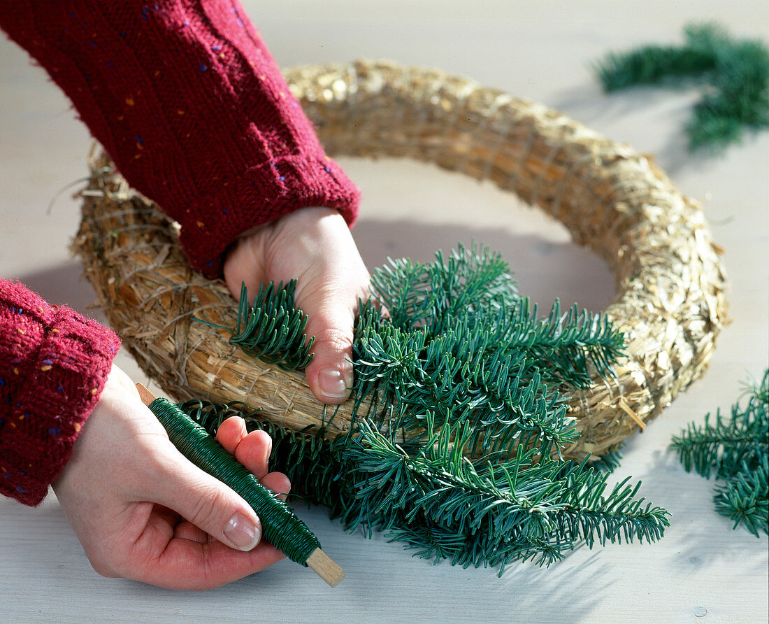 Ceiling Advent Wreath - Tie Nobilistan branches around the straw blank