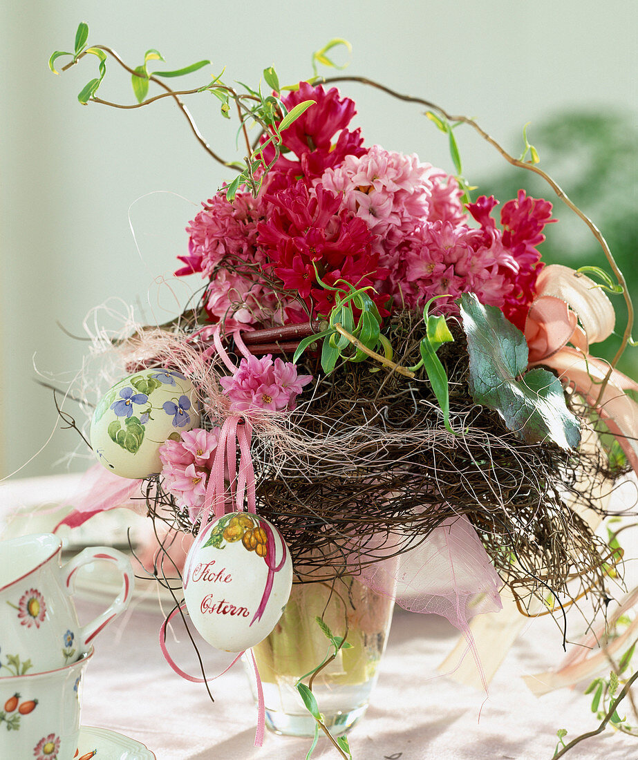 Hyacinthus, twigs and Easter eggs bouquet