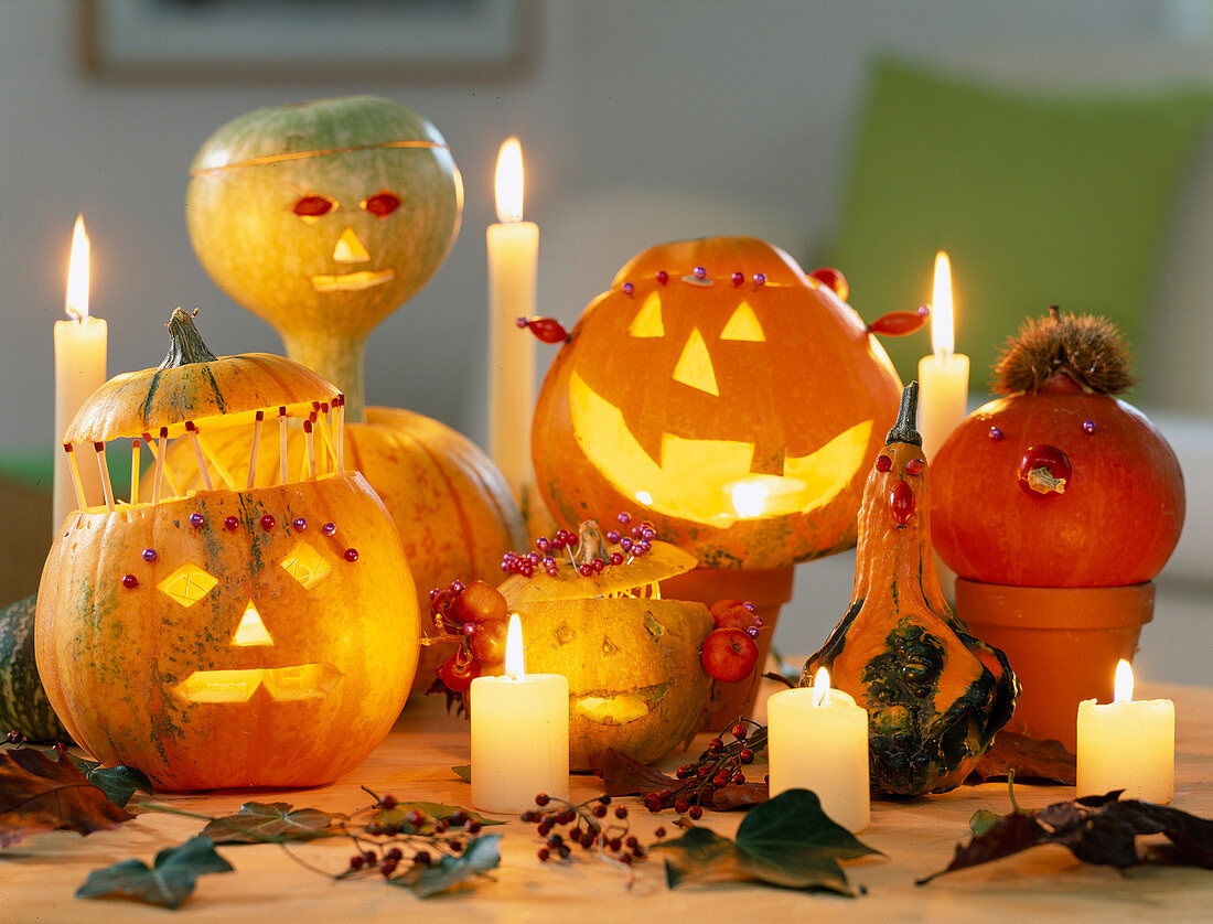 Halloween, hollowed out pumpkins and pumpkin faces