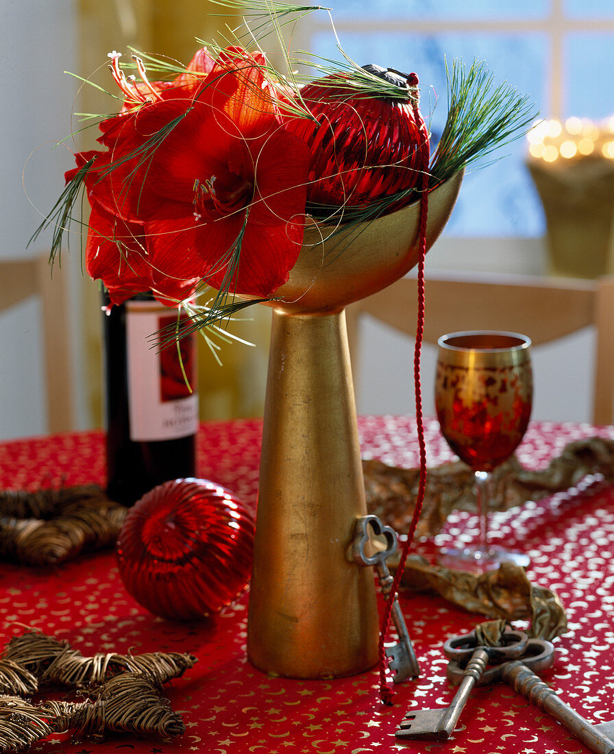 Gold vase with Hippeastrum hybrid, balls, Pinus