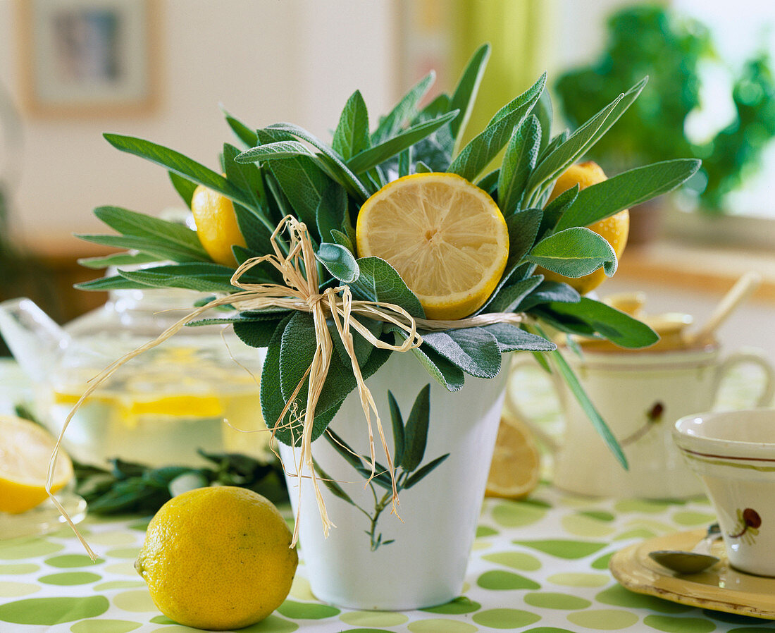 Bouquet with citrus (lemons), salvia (sage leaves)