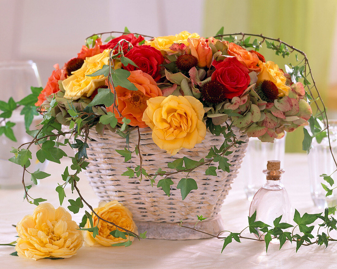 Basket lined with foil, rose petals, Hydrangea