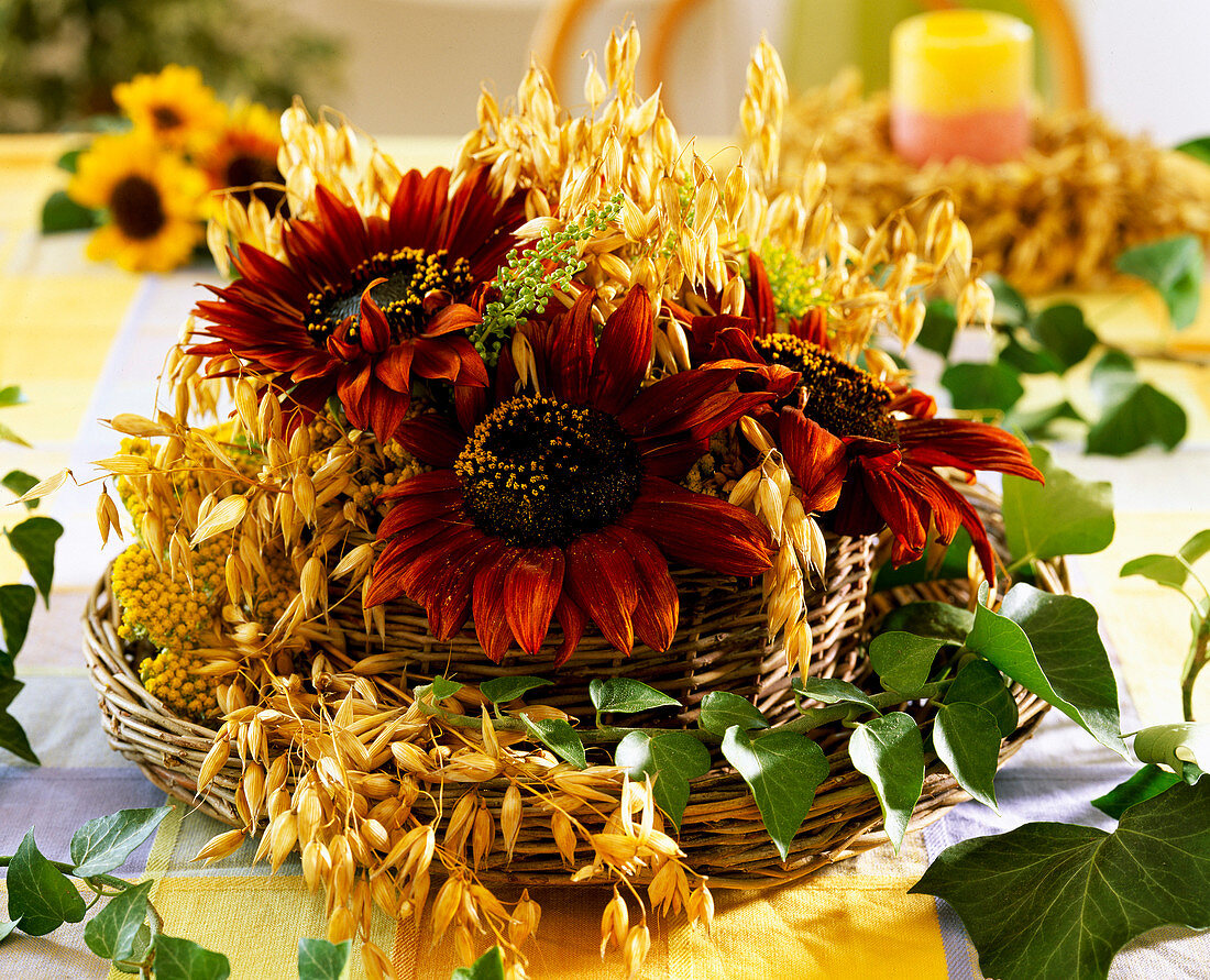 Wicker basket with oats, Helianthus annuus, basket with foil lining