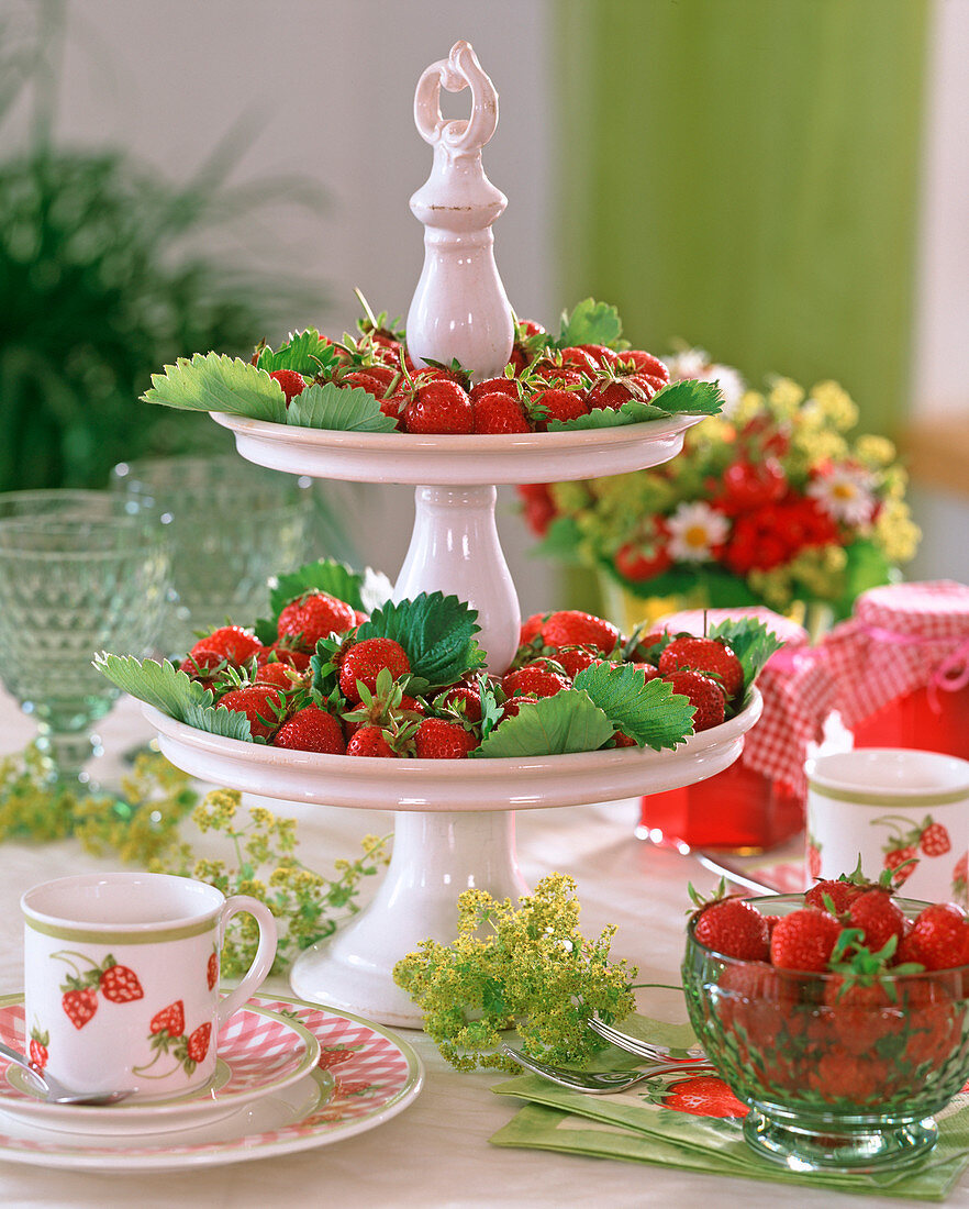 Porzellanetagere mit Erdbeeren, Alchemilla / Frauenmantel