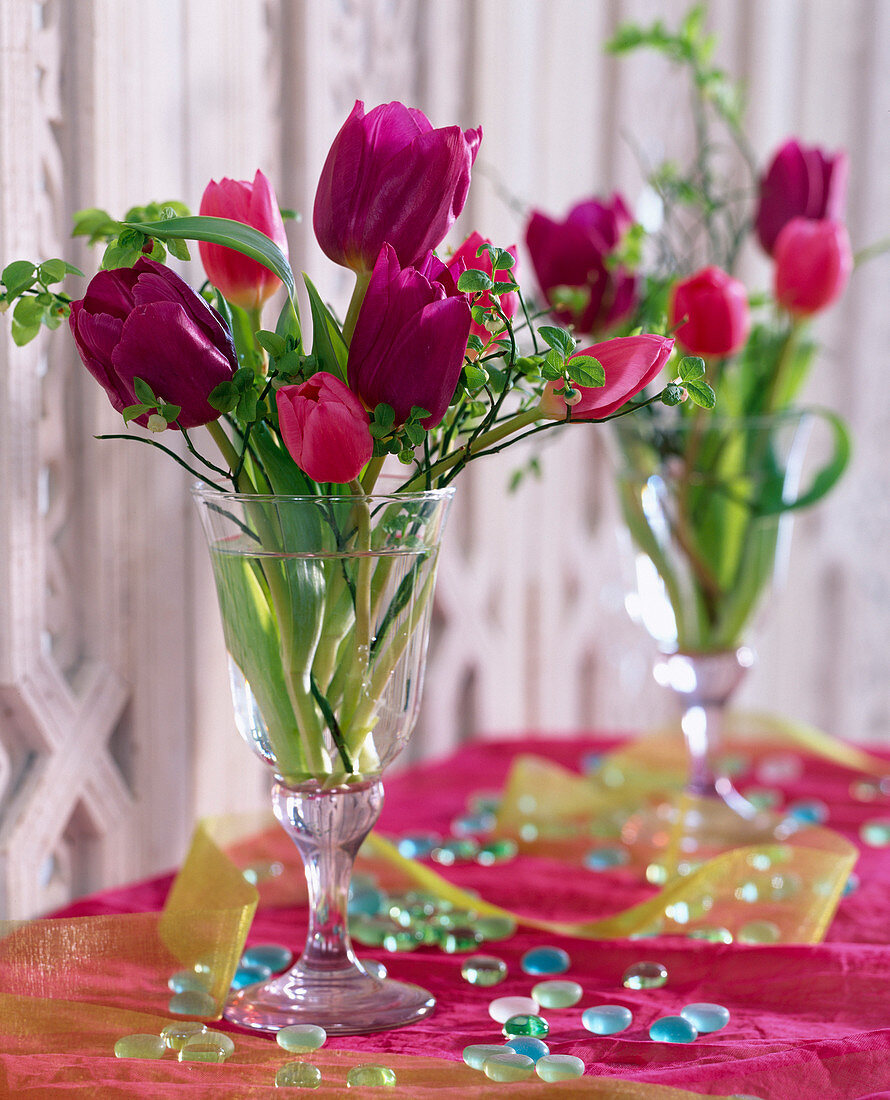 Strauß in Weinglas mit Tulipa / Tulpen und Vaccinium