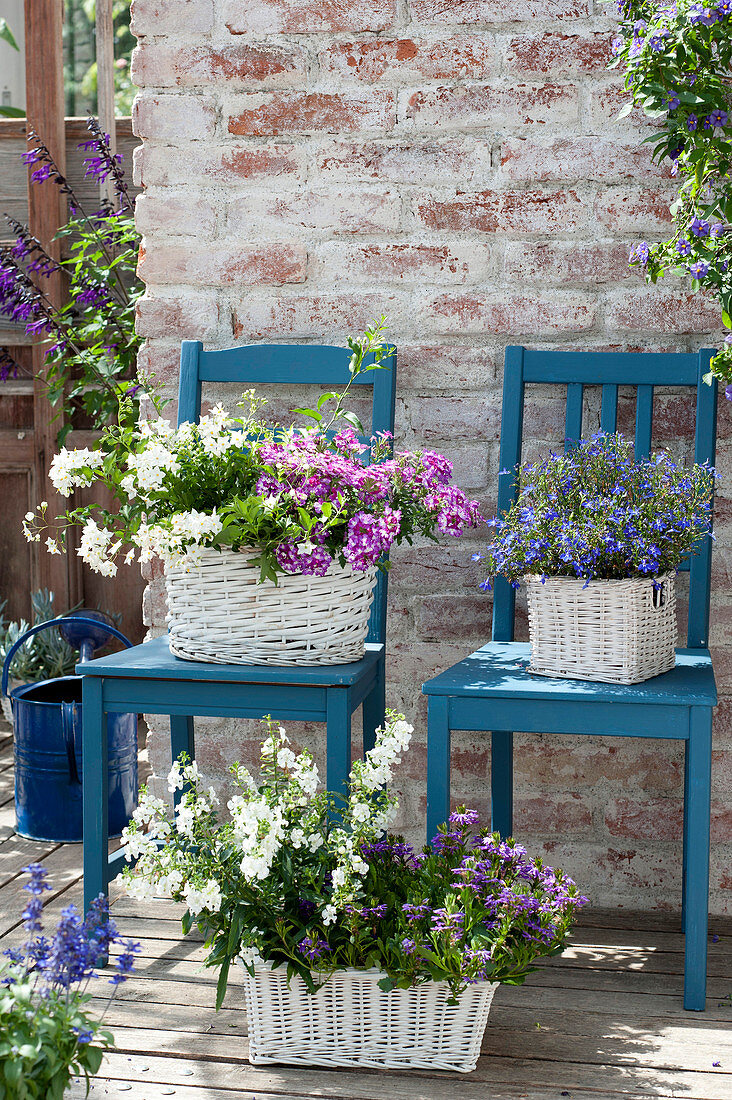 White baskets with balcony flowers on blue chairs