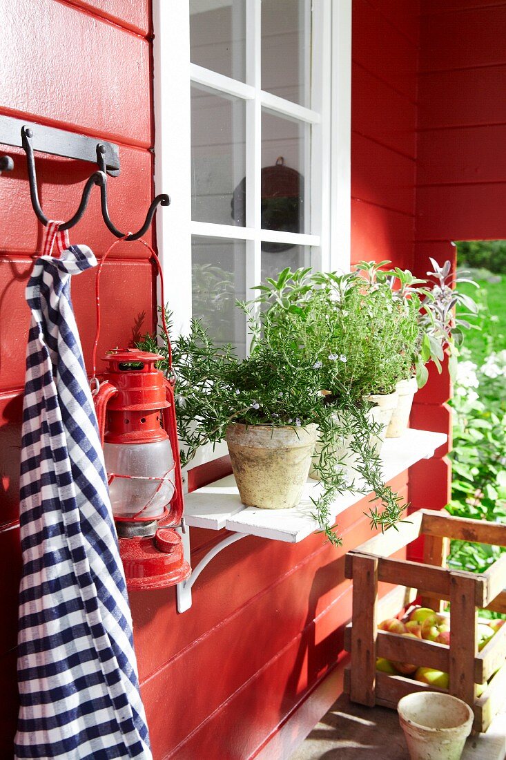 Rotes Gartenhäuschen mit Küchenkräutern vor dem Fenster