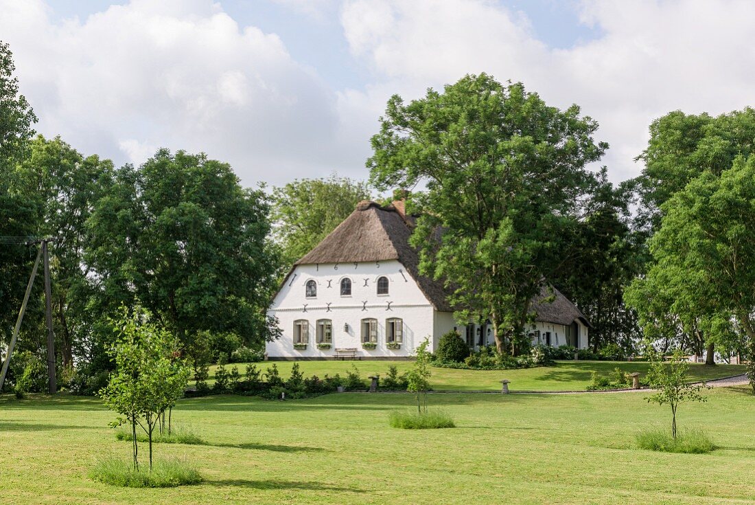 Gable end of traditional Frisian 17th-century farmhouse in gardens