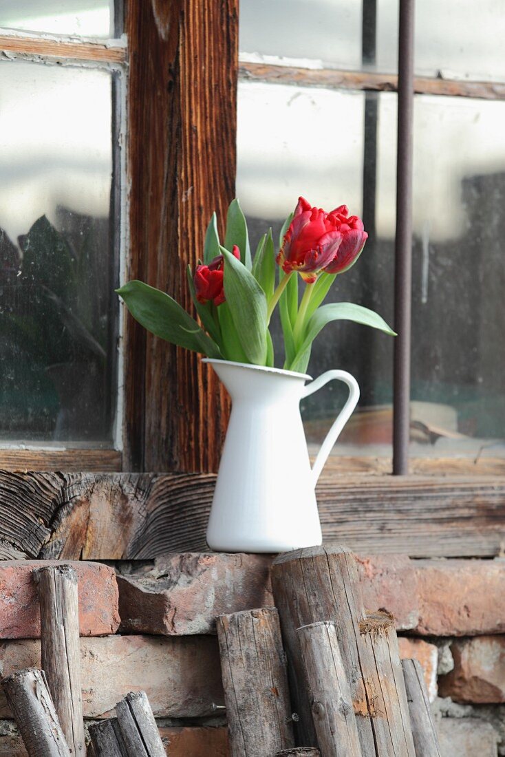 Red tulips in vintage jug