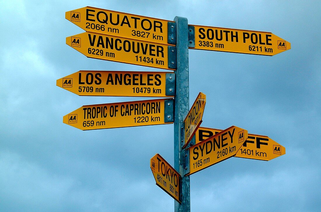 Straßenschild mit verschiedenen Distanzen von Neuseeland