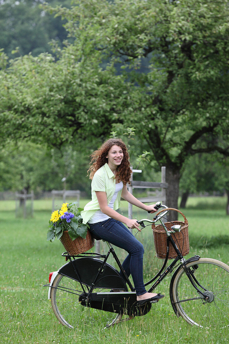 Junge Frau auf Fahrrad, Fahrradkorb mit … Bild kaufen