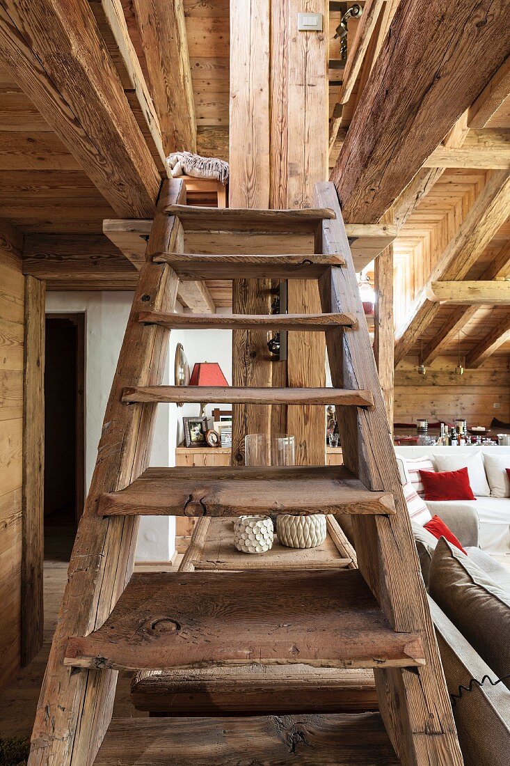 Rustic wooden staircase in chalet
