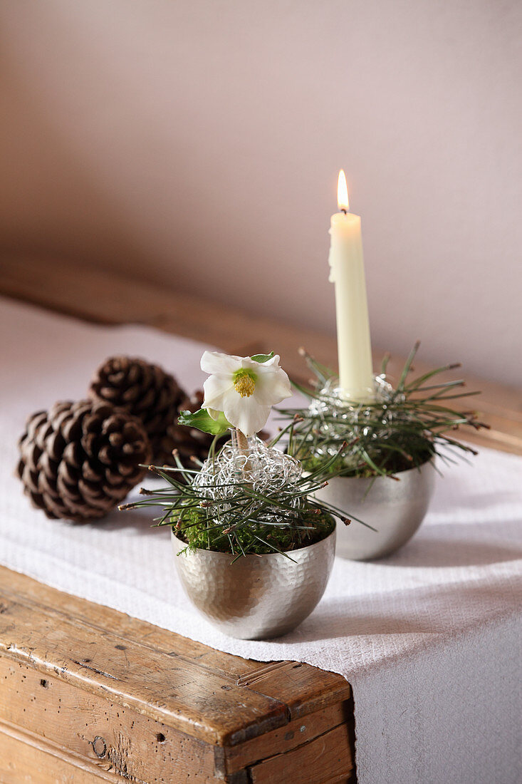 Arrangements of moss, pine needles and silver wire with hellebore and candle in silver bowls