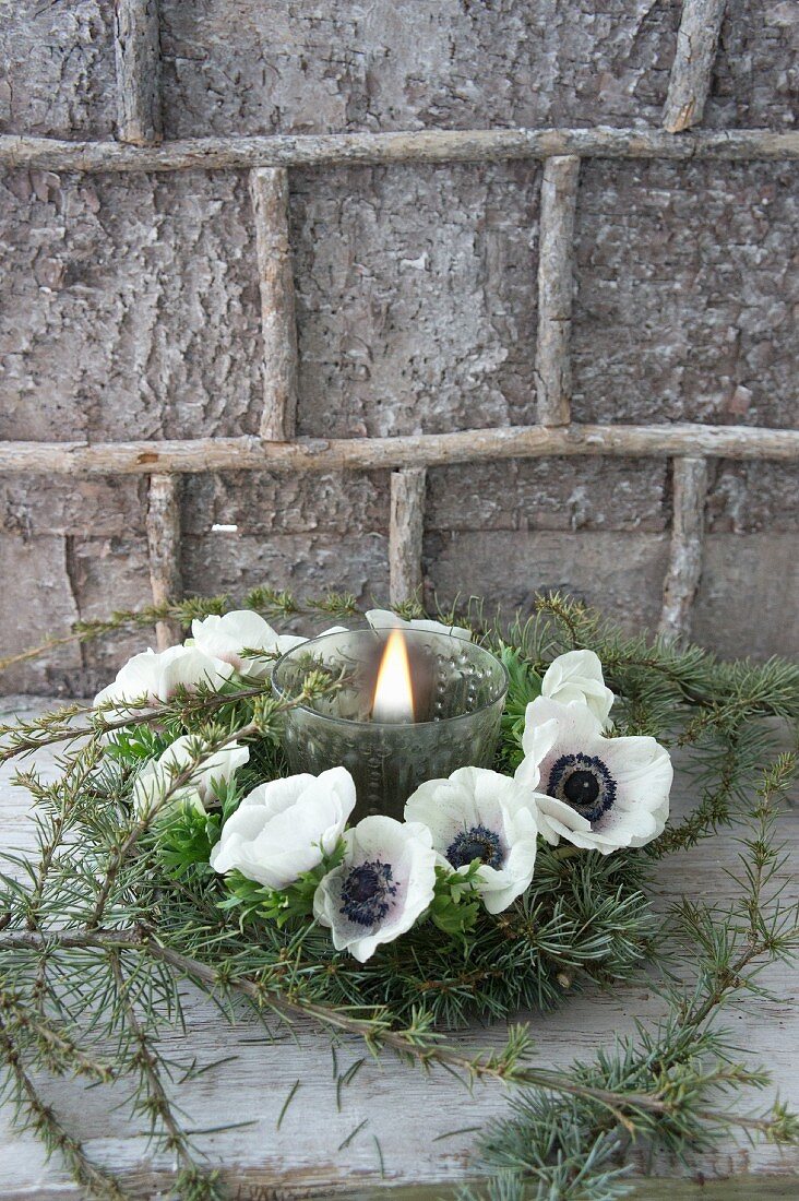 Wreath of larch twigs and white anemones around candle in front of bark-covered wall