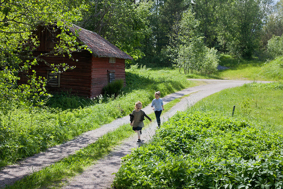 Kinder rennen auf dem Feldweg durch sommerliche Wiesen