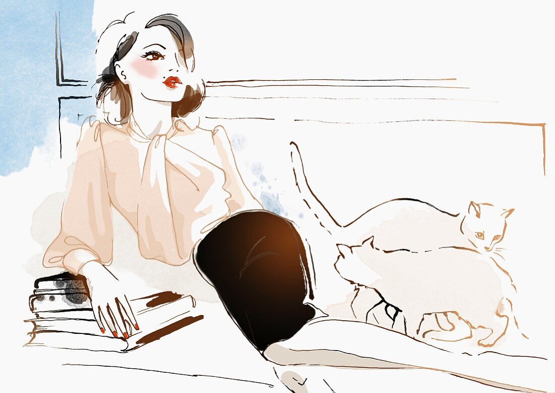 Stylish woman lounging on sofa with books and cat