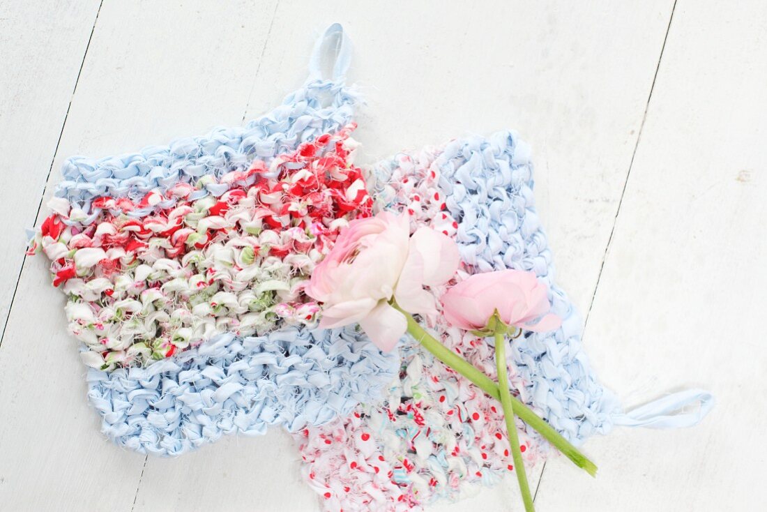 Ranunculus on crocheted rag-yarn dishcloths