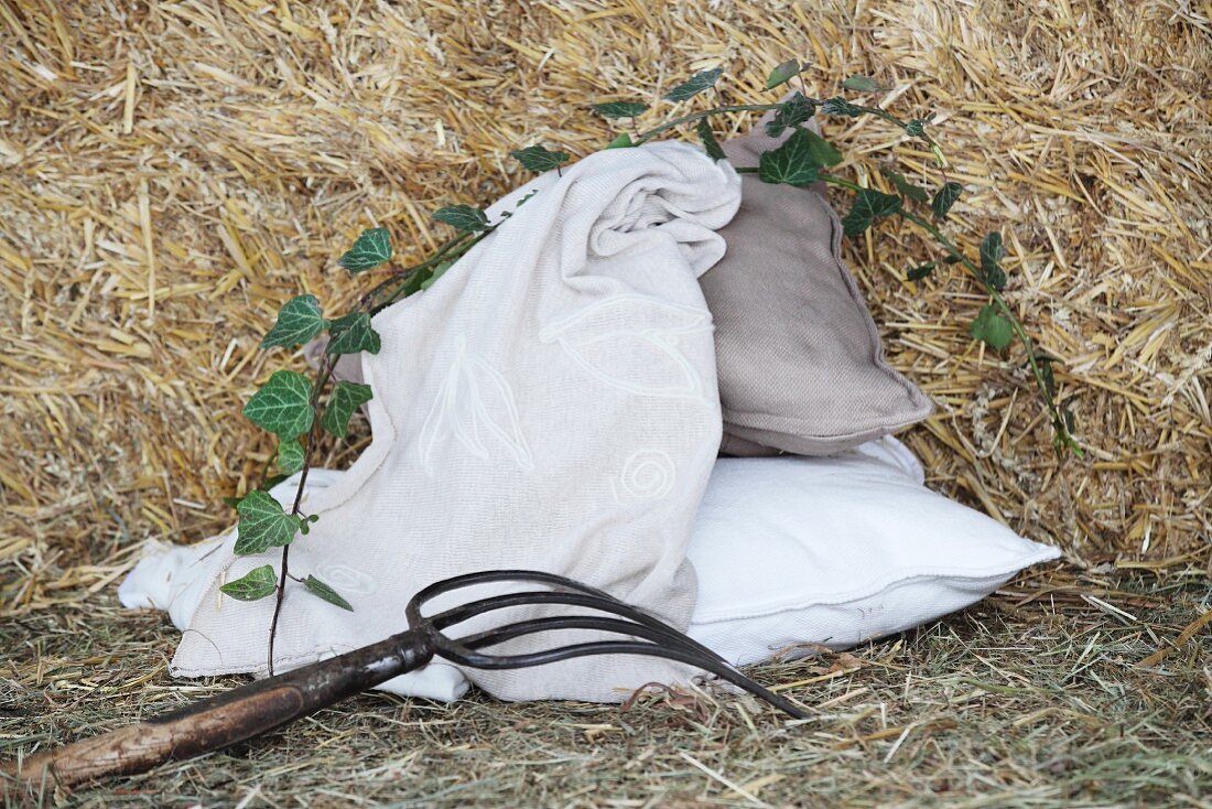 Embroidered blanket and two cushions amongst straw