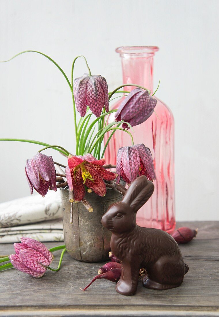 Snake's head fritillaries and chocolate Easter bunny