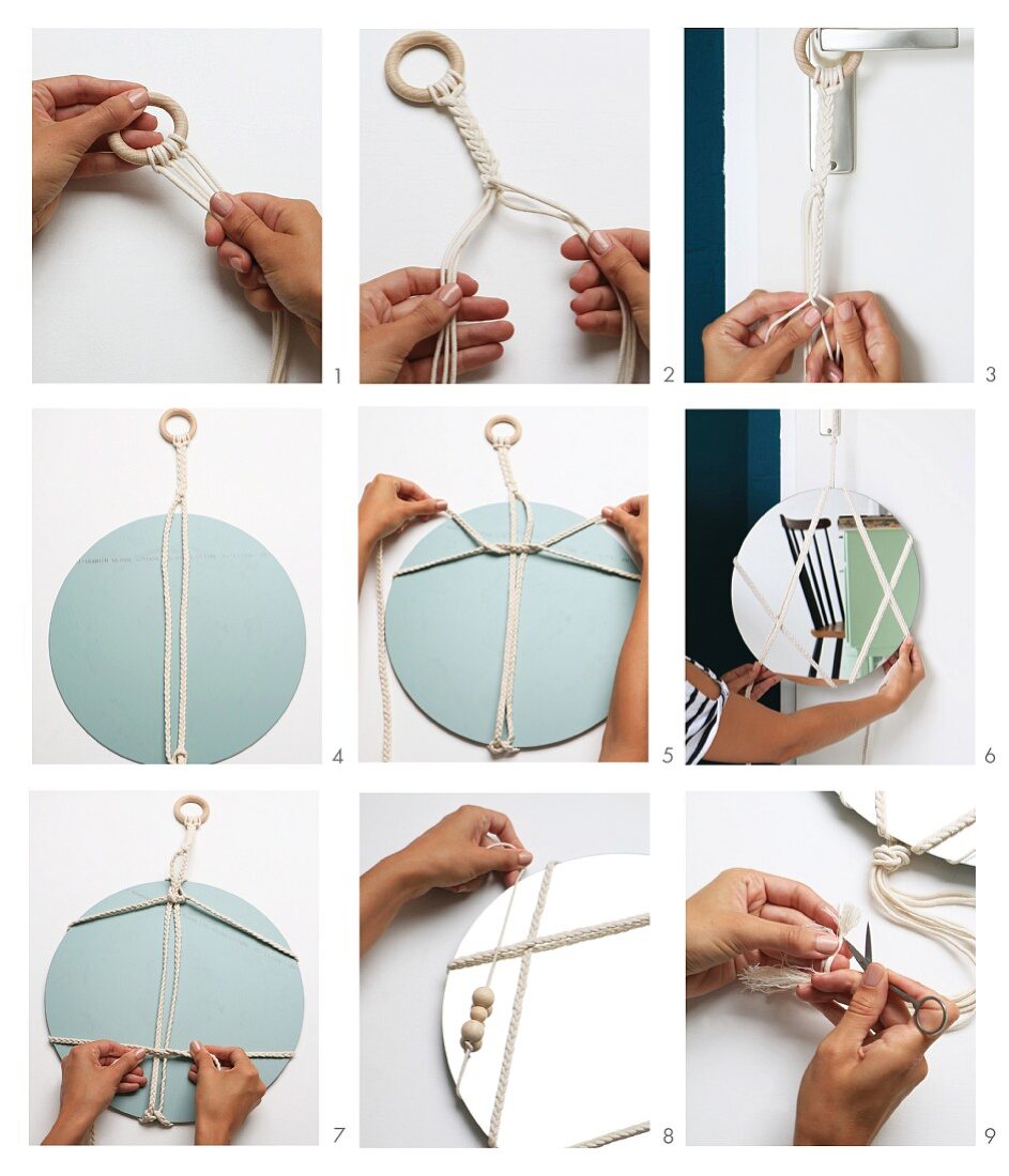 Instructions for decorating a round mirror with macramé