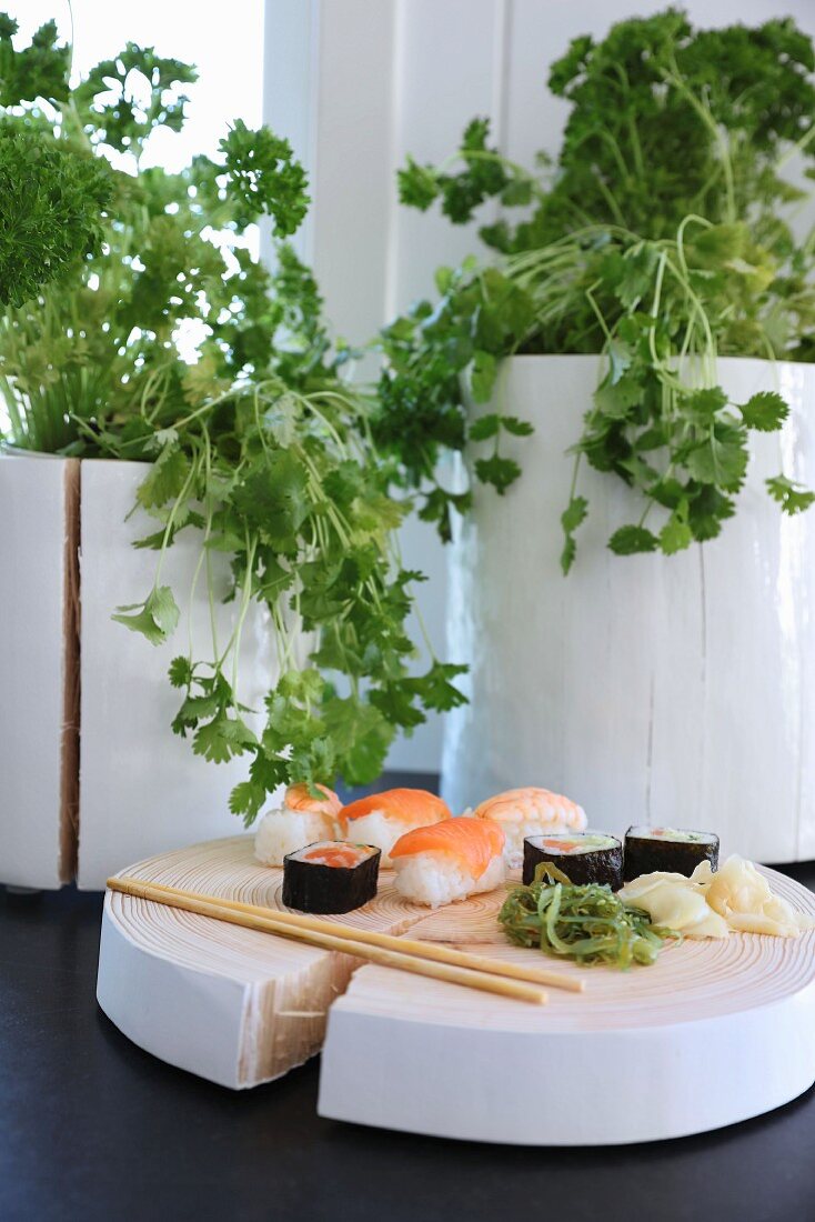 Sushi mit Essstäbchen auf weiss lackierter Holzscheibe vor Kräuterpflanzen