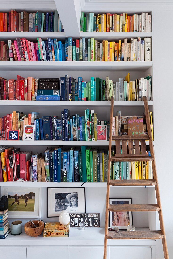 Bücherregal mit farblich sortierten Büchern und angelehnter, rustikaler Holz-Trittleiter