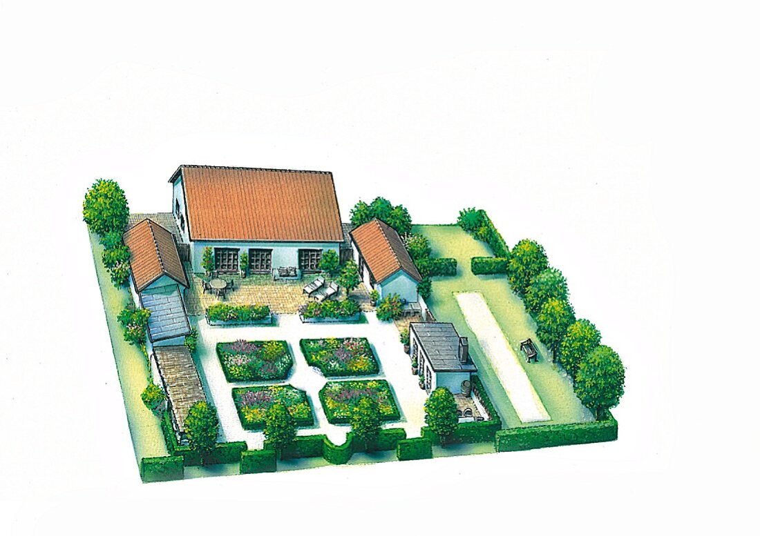 Perspektivischer Plan einer Gartenanlage mit Orangerie