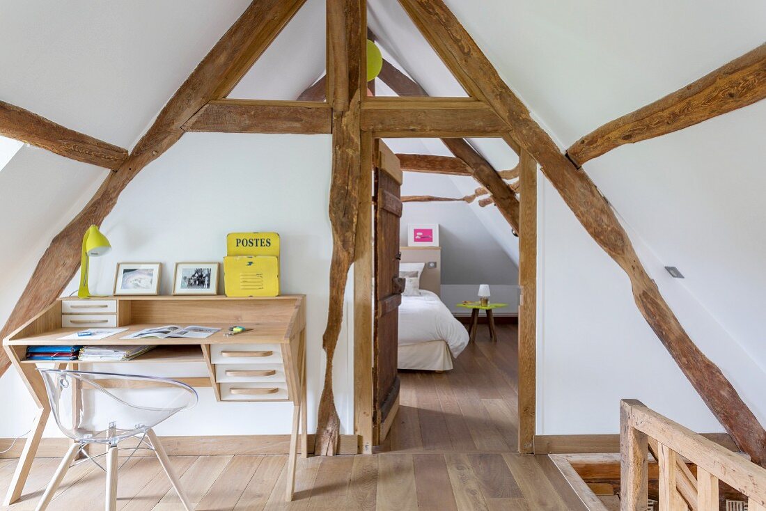 Study area in converted attic with exposed, old half-timbered structure