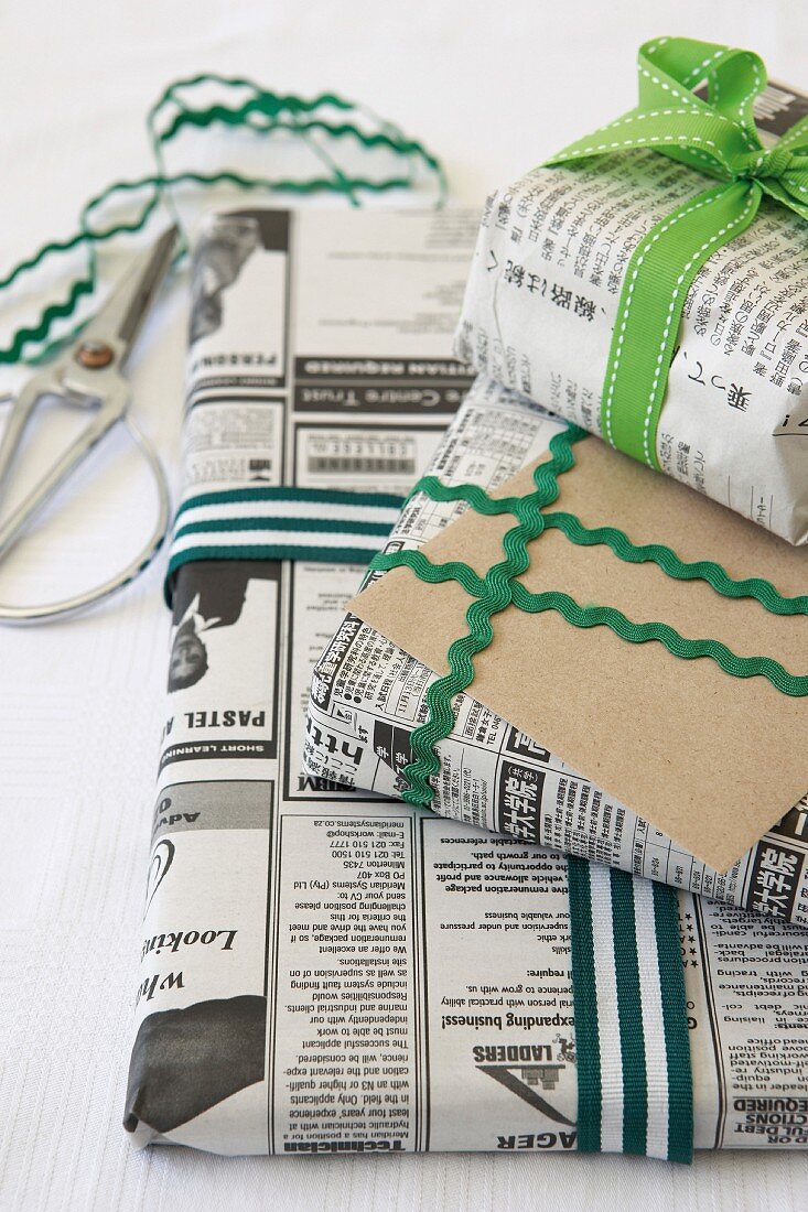 Gifts wrapped in newspaper