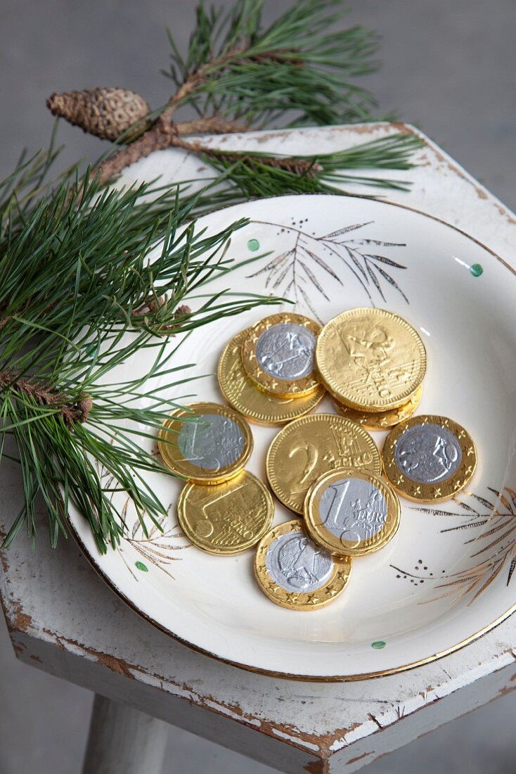 Euro Schokoladenmünzen auf Teller, umgeben von Kiefernzweig