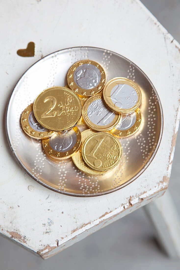 Plate of chocolate Euro coins