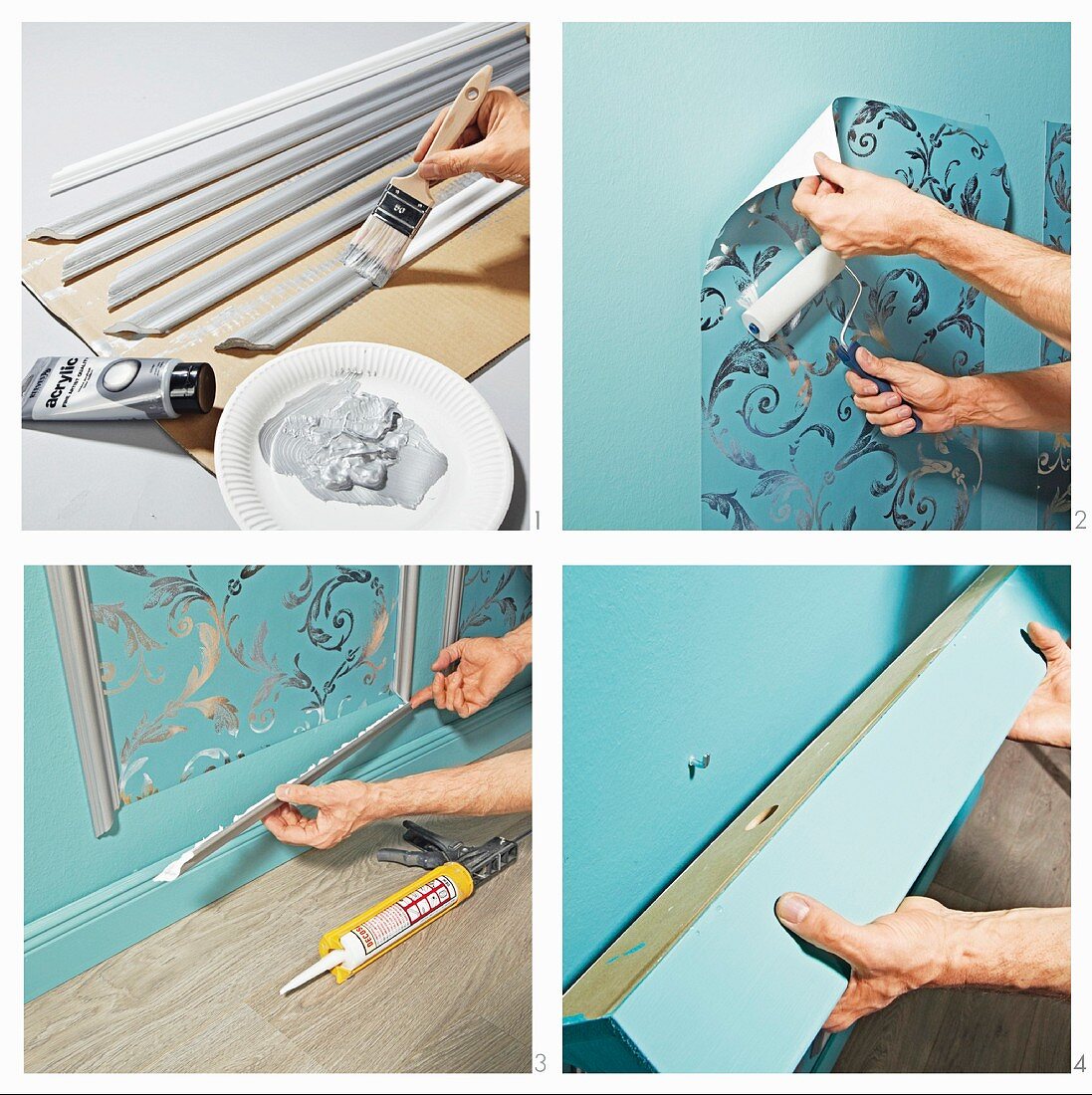 Instructions for decorating dado with patterned wallpaper and moulded trim