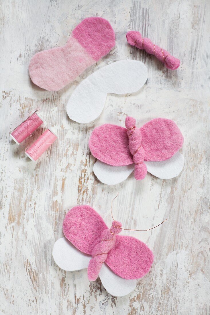 Instructions for making pink and white felt butterflies