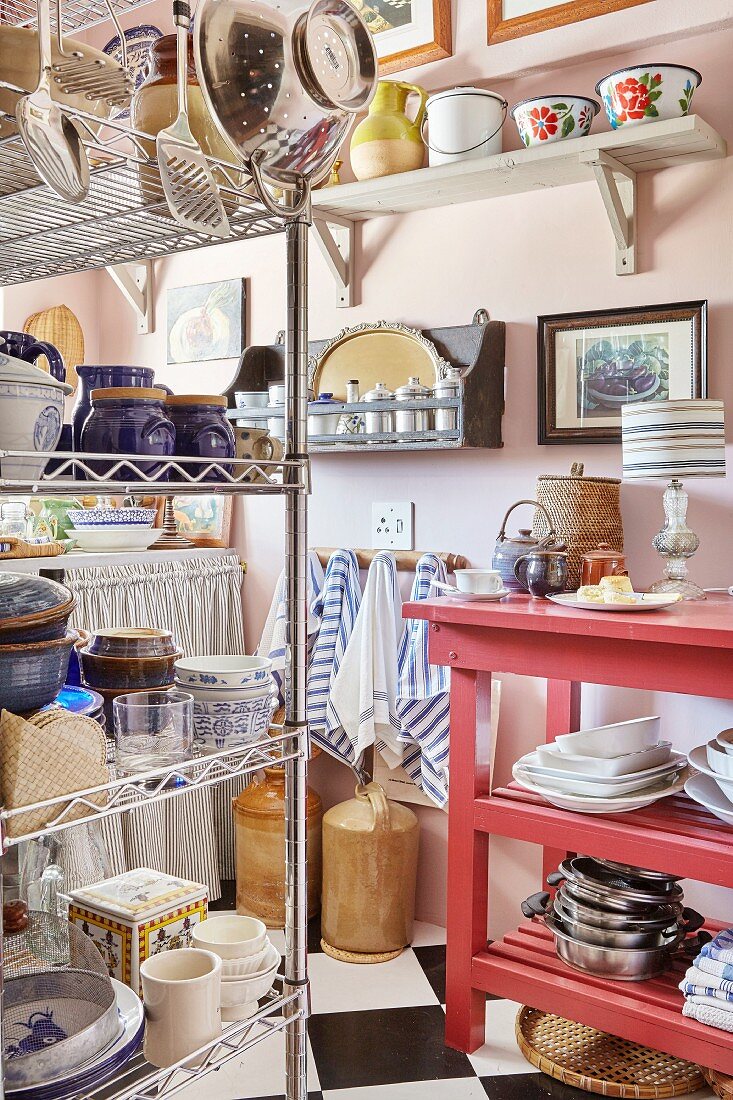 Open shelves and crockery in kitchen