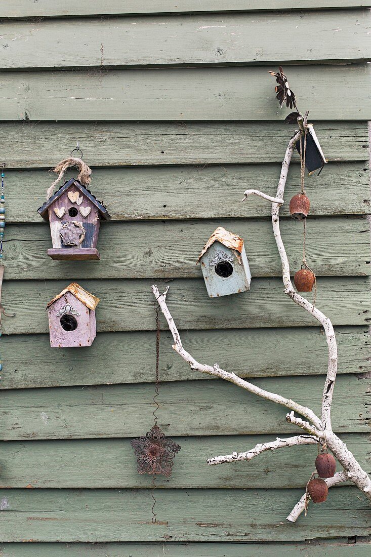 Verwitterte Vogelhäuschen an Holzwand mit weißem Ast nostalgisch dekoriert