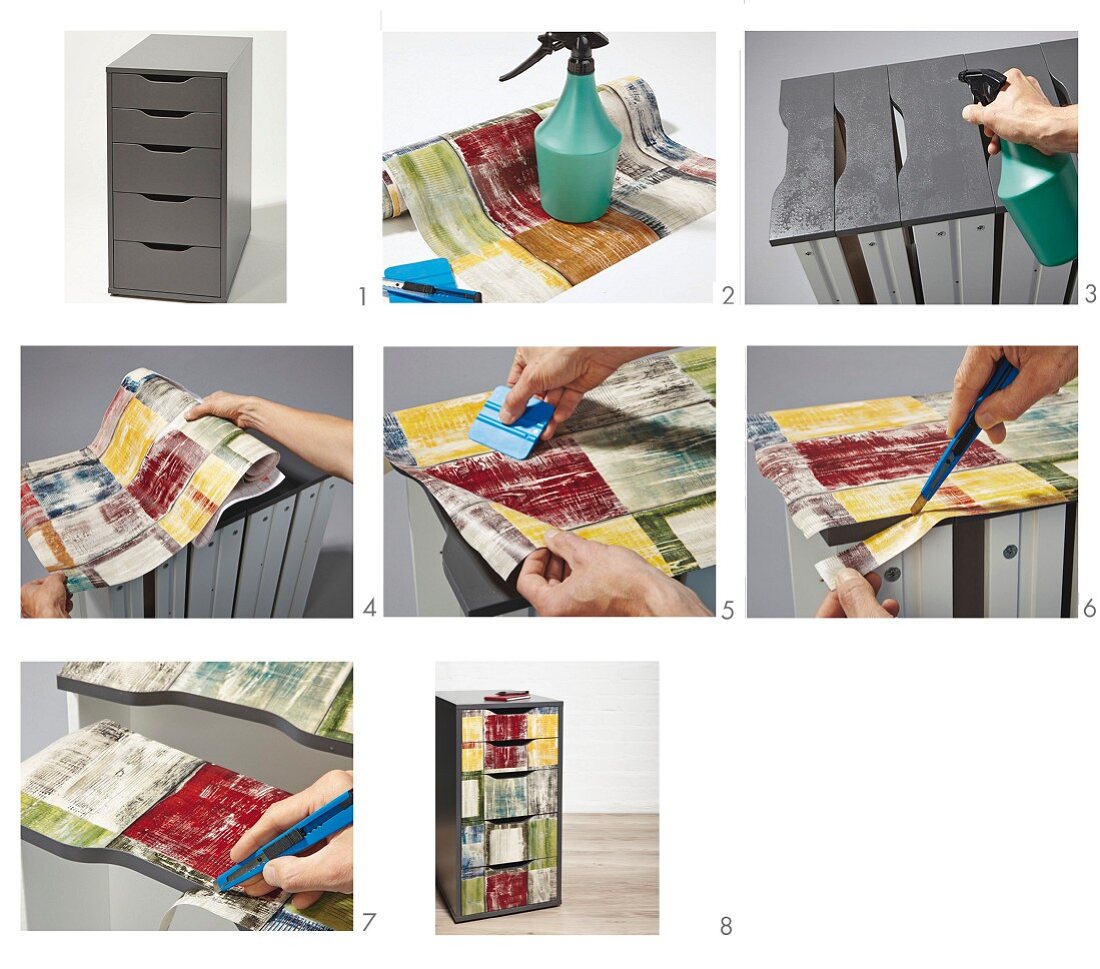 Instructions for covering drawer fronts of chest of drawers with patterned paper