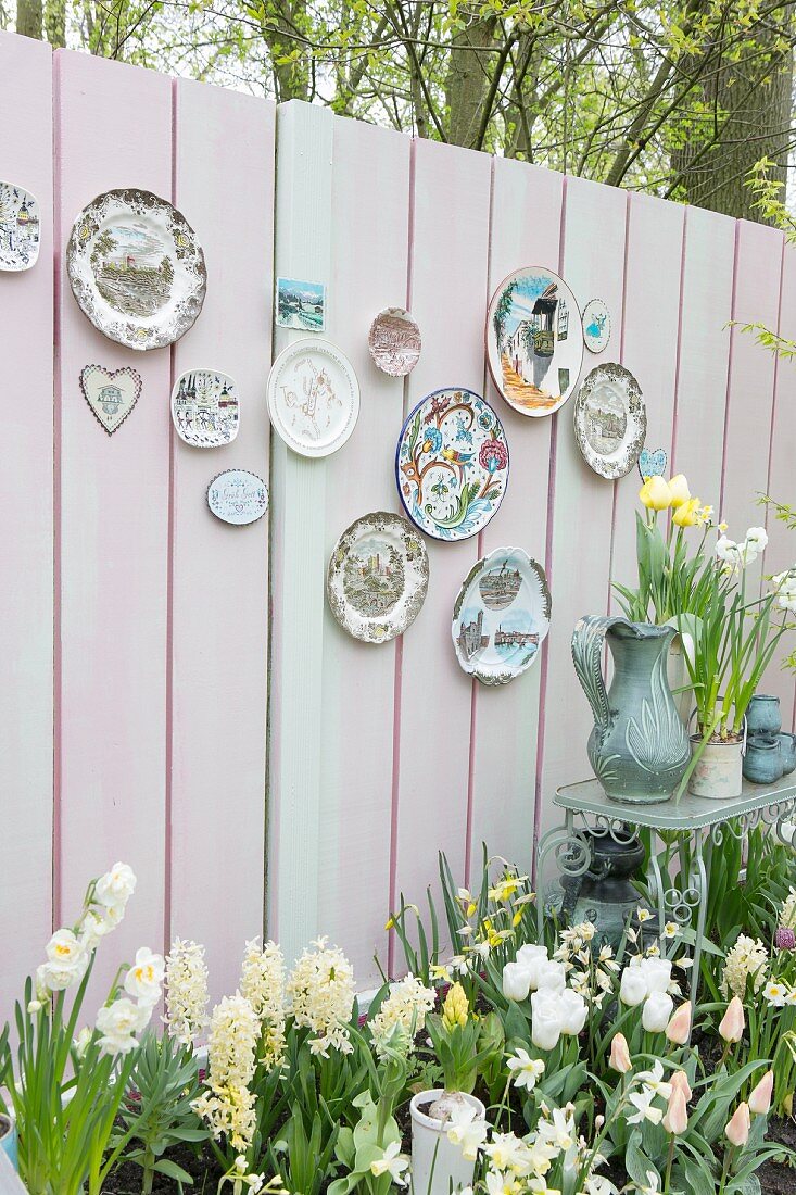 Decorative wall plates mounted on pastel board fence