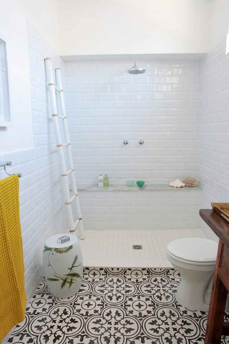 Open shower adjoining patterned tiles