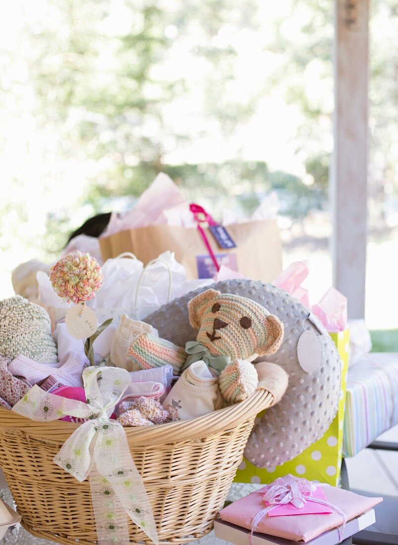 Baskets of toys for baby shower