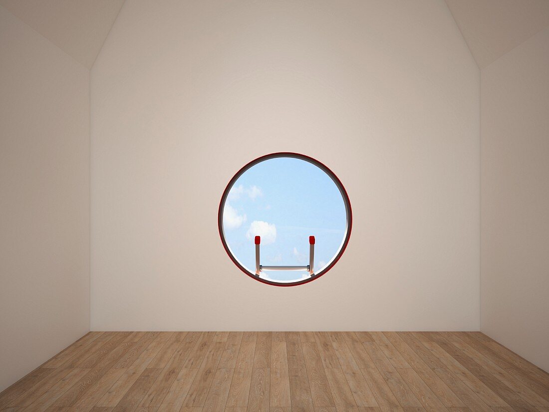 Eine Leiter fürht zu leerem Dachzimmer mit rundem Fenster, 3D-Rendering