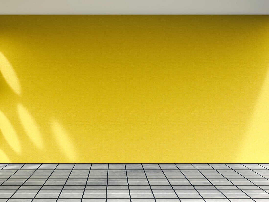Leerer Raum mit gelber Wand und Fliesenboden, 3D-Rendering