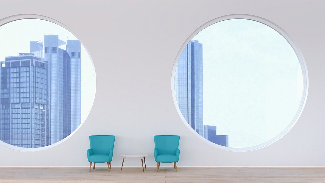 Zwei Retrosessel mit Blick auf Skyline aus runden Fenstern, 3D-Rendering