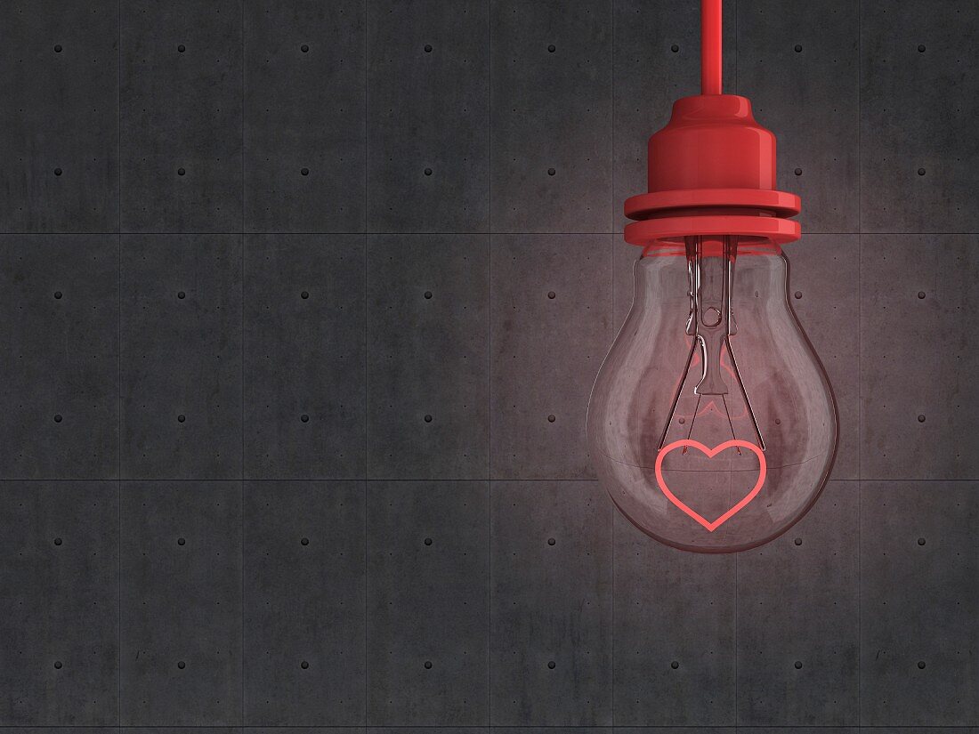 Glühbirne mit rotem Herz vor Betonwand, 3D-Rendering
